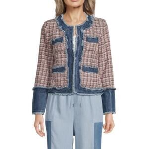 NWT Nanette Lepore Tweed Jacket W/Frayed Denim Trim Pockets Pink/Denim Multi - S